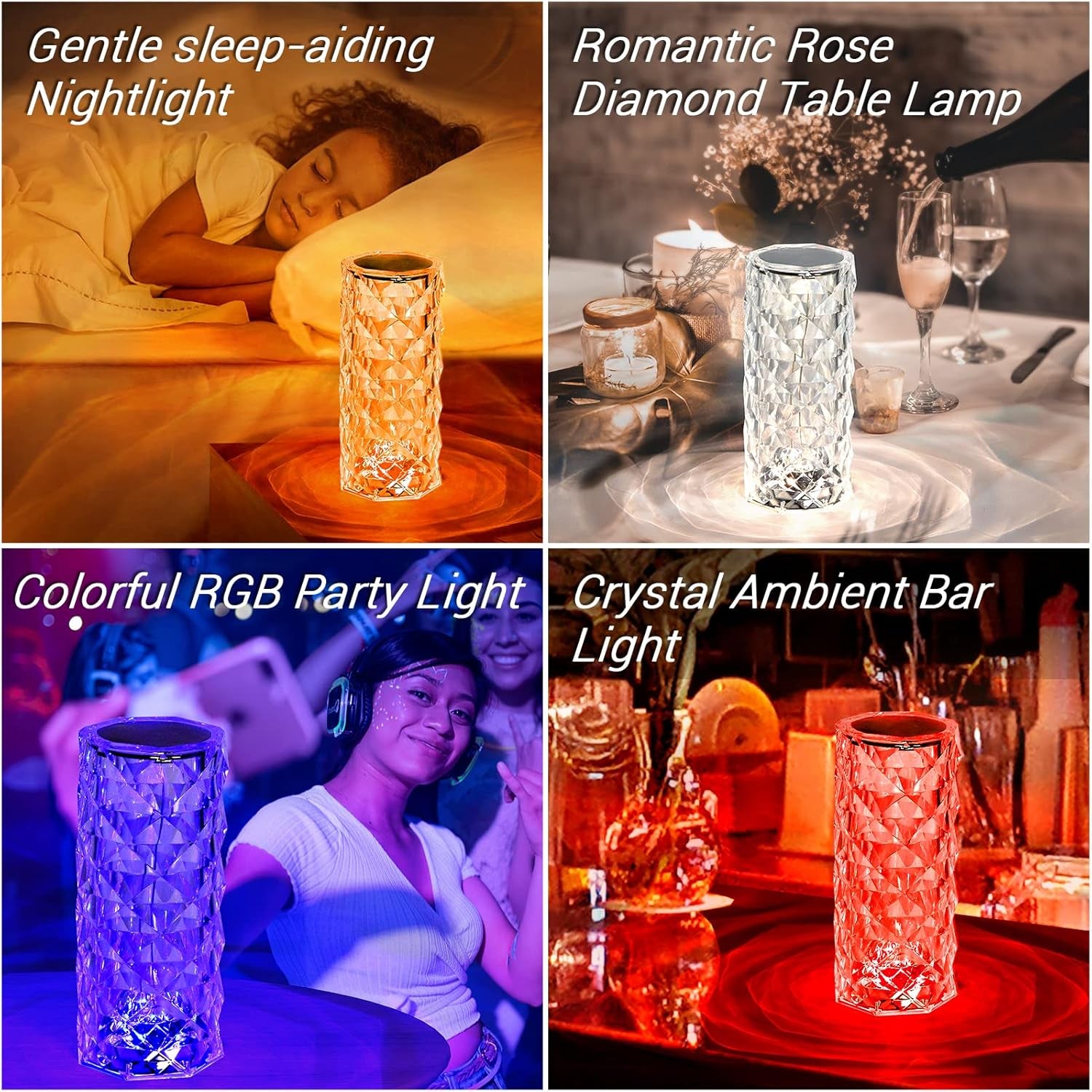 Rose Lamp, Touch Control, Crystaltable Lamp with 16 Colors,Rgb Night Light USB & Remote Control,Led Diamond Touch for Bedroom, Rechargeable Light, Birthday Gift