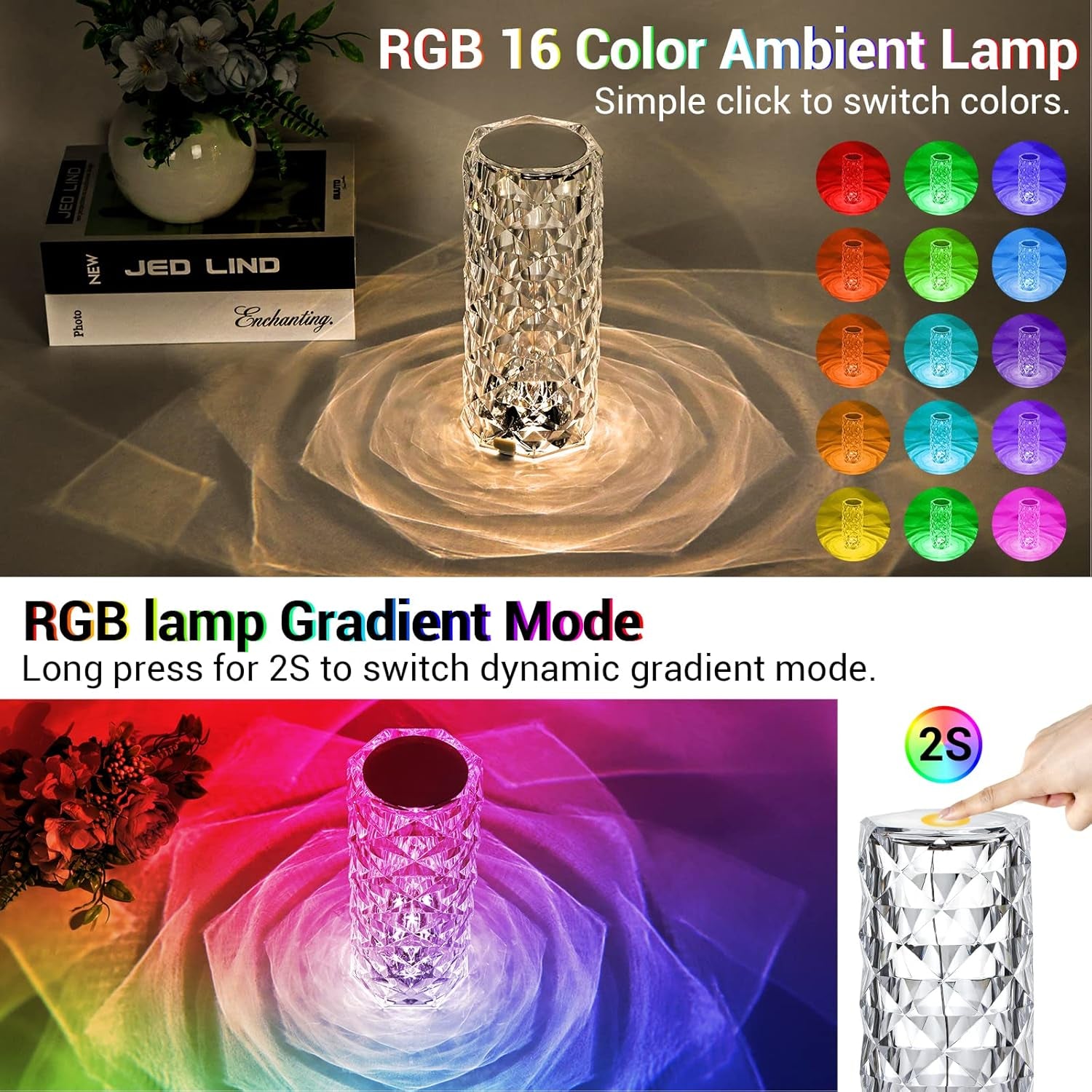 Rose Lamp, Touch Control, Crystaltable Lamp with 16 Colors,Rgb Night Light USB & Remote Control,Led Diamond Touch for Bedroom, Rechargeable Light, Birthday Gift