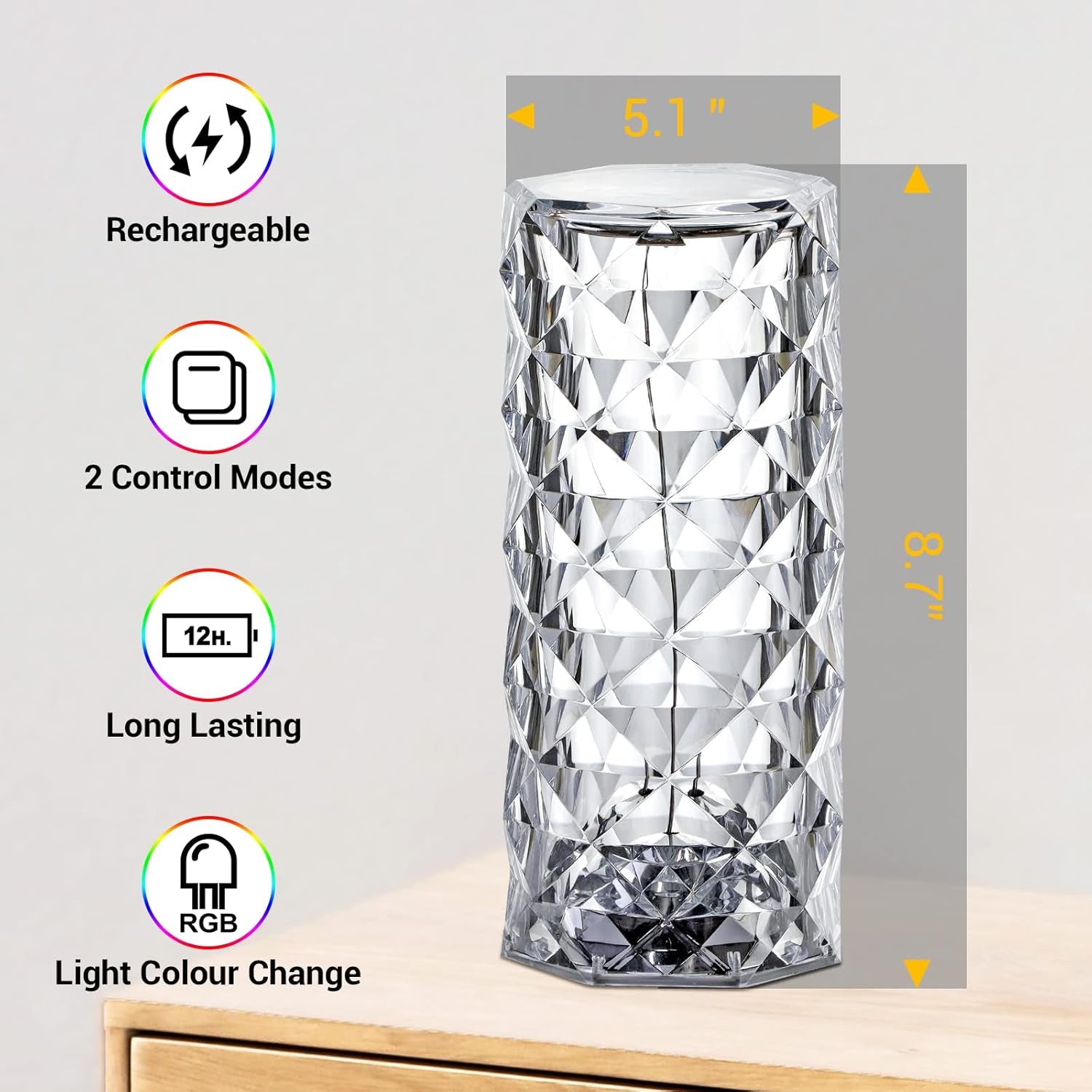 Rose Lamp, Touch Control, Crystaltable Lamp with 16 Colors,Rgb Night Light USB & Remote Control,Led Diamond Touch for Bedroom, Rechargeable Light, Birthday Gift
