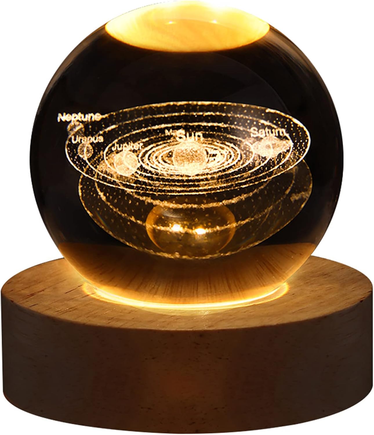3D Solar System Crystal Ball Night Light for Kids Glass Ball Night Lamp with Wooden Base Fantasy Decoration Crsytal LED Galaxy Planet Nightlight Bedroom Decor 2.76In