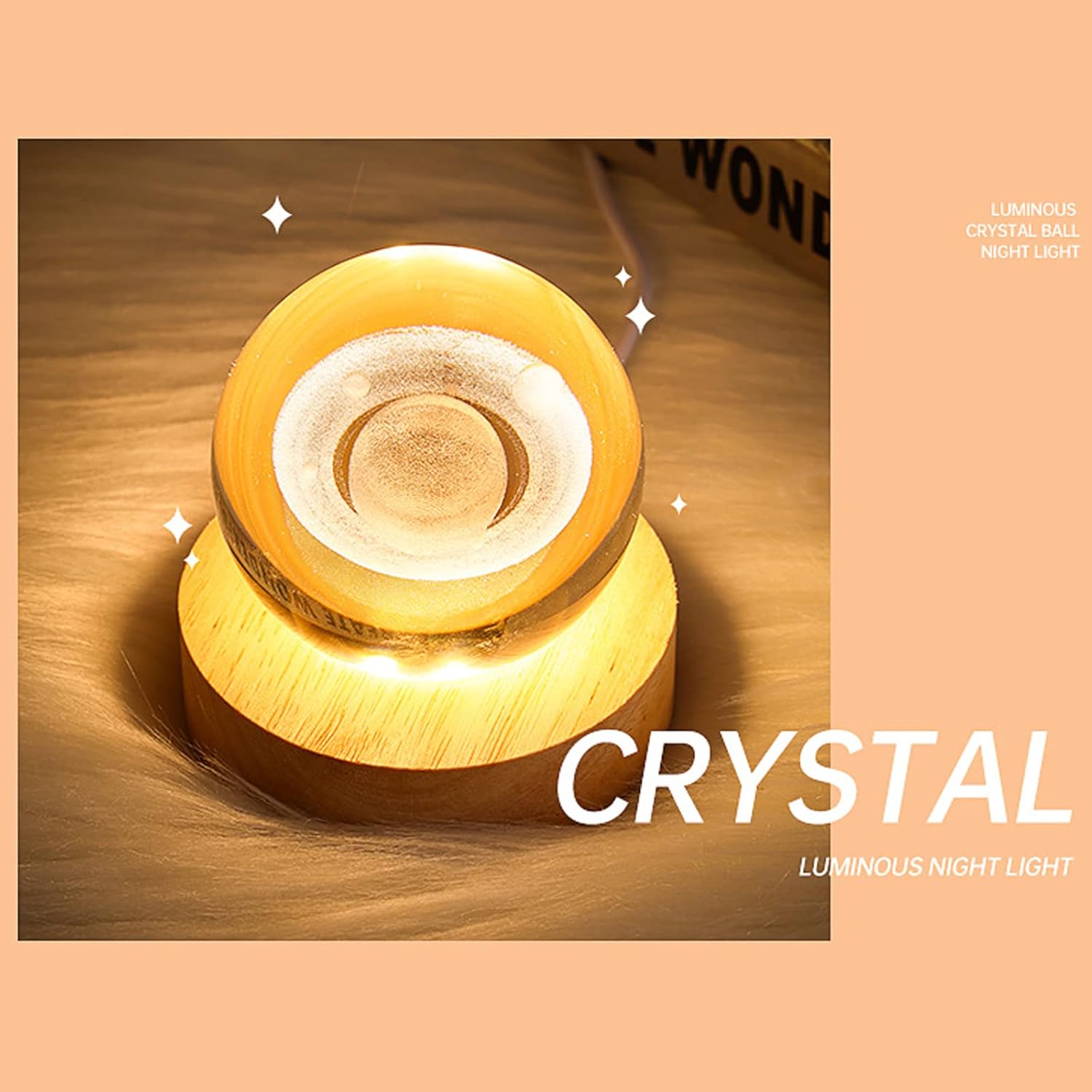 3D Solar System Crystal Ball Night Light for Kids Glass Ball Night Lamp with Wooden Base Fantasy Decoration Crsytal LED Galaxy Planet Nightlight Bedroom Decor 2.76In