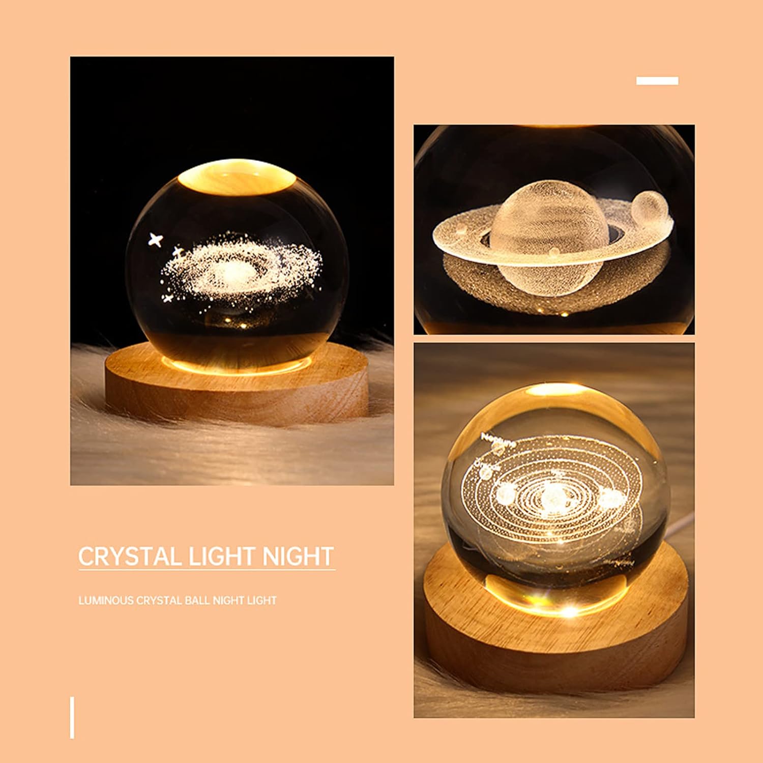 3D Solar System Crystal Ball Night Light for Kids Glass Ball Night Lamp with Wooden Base Fantasy Decoration Crsytal LED Galaxy Planet Nightlight Bedroom Decor 2.76In