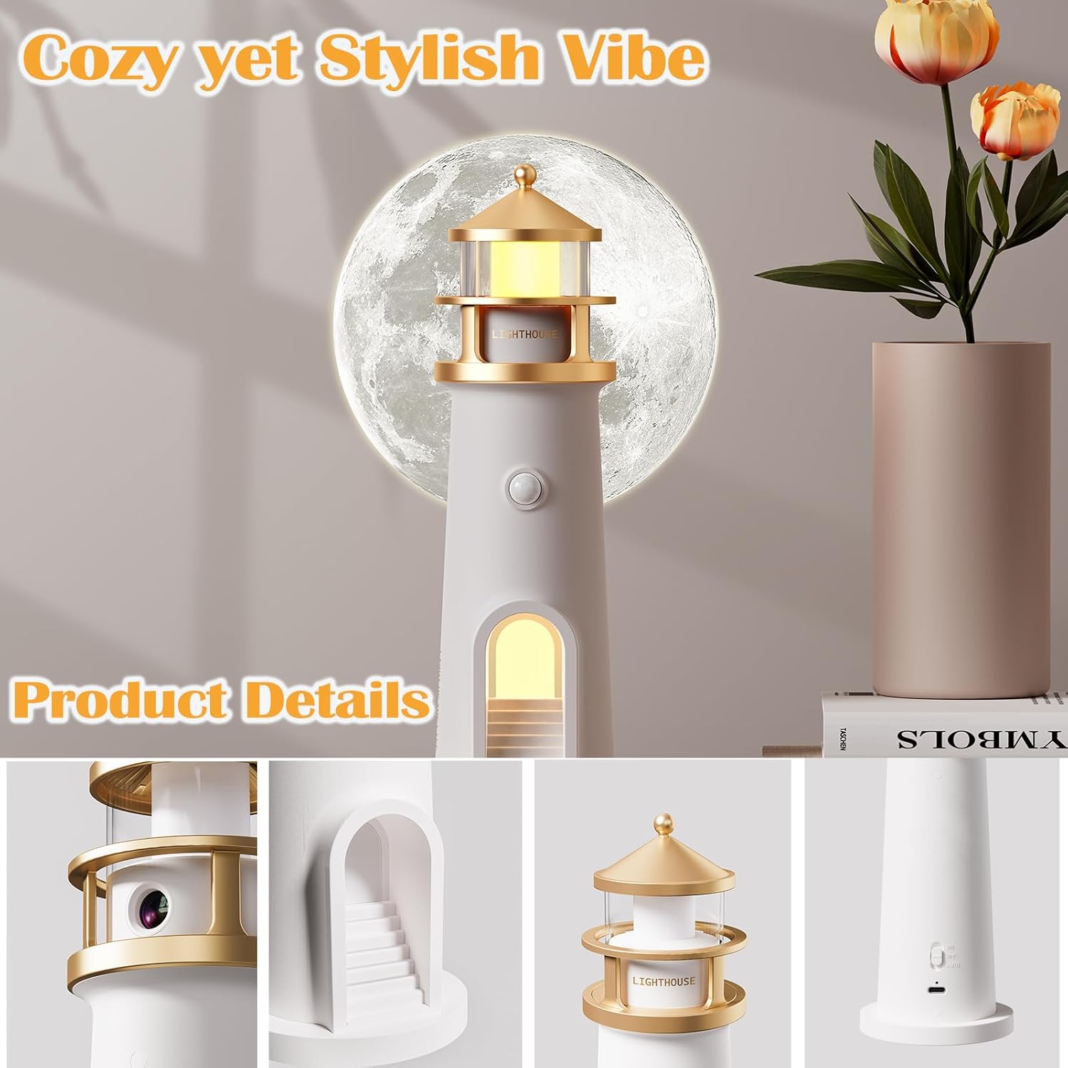 Moon Lamp Projector Night Lights, Moon Lighthouse Lamp, Remote Control Timer Dim Rechargeable LED Aesthetic Table Lamp for Kids, Children, Gifts, Bedroom, Nursery, Holiday(Remote Version)