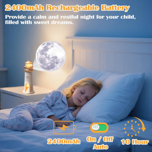 Moon Lamp Projector Night Lights, Moon Lighthouse Lamp, Remote Control Timer Dim Rechargeable LED Aesthetic Table Lamp for Kids, Children, Gifts, Bedroom, Nursery, Holiday(Remote Version)
