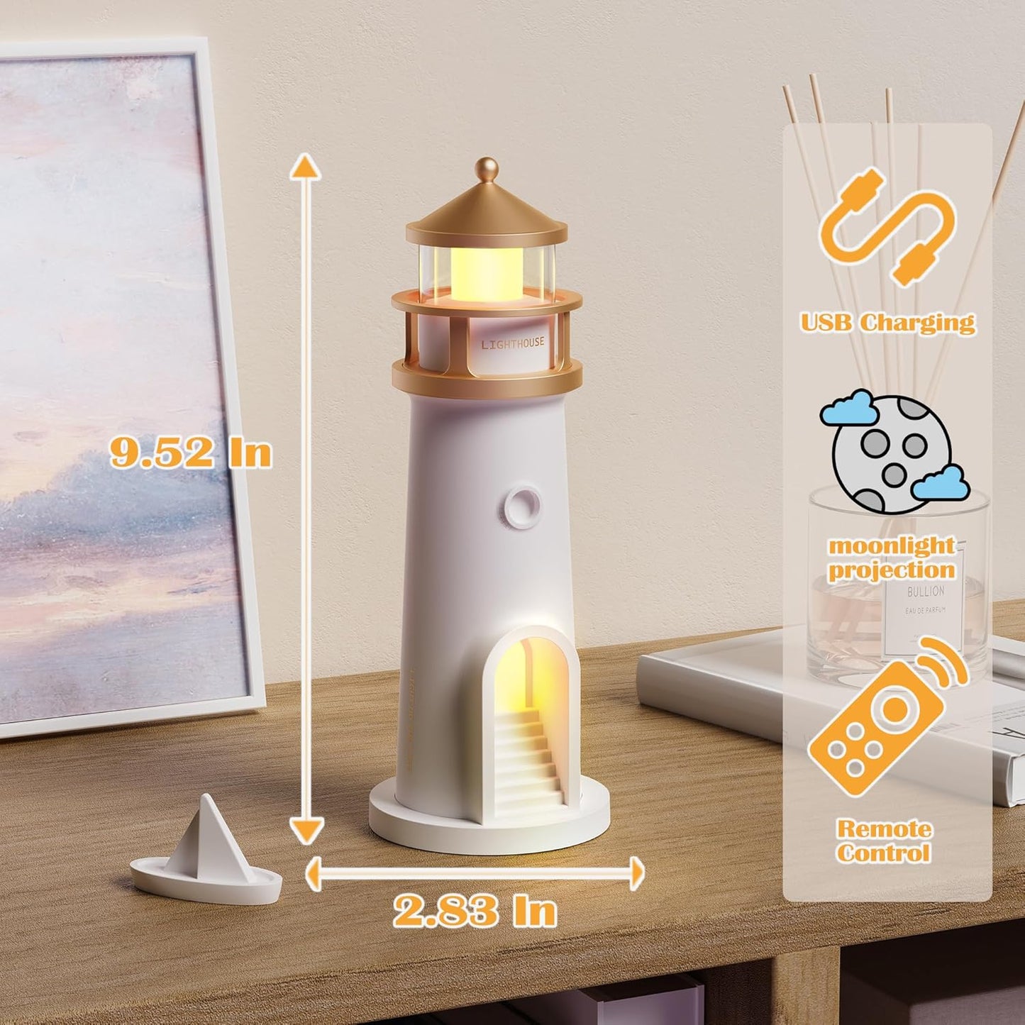 Moon Lamp Projector Night Lights, Moon Lighthouse Lamp, Remote Control Timer Dim Rechargeable LED Aesthetic Table Lamp for Kids, Children, Gifts, Bedroom, Nursery, Holiday(Remote Version)