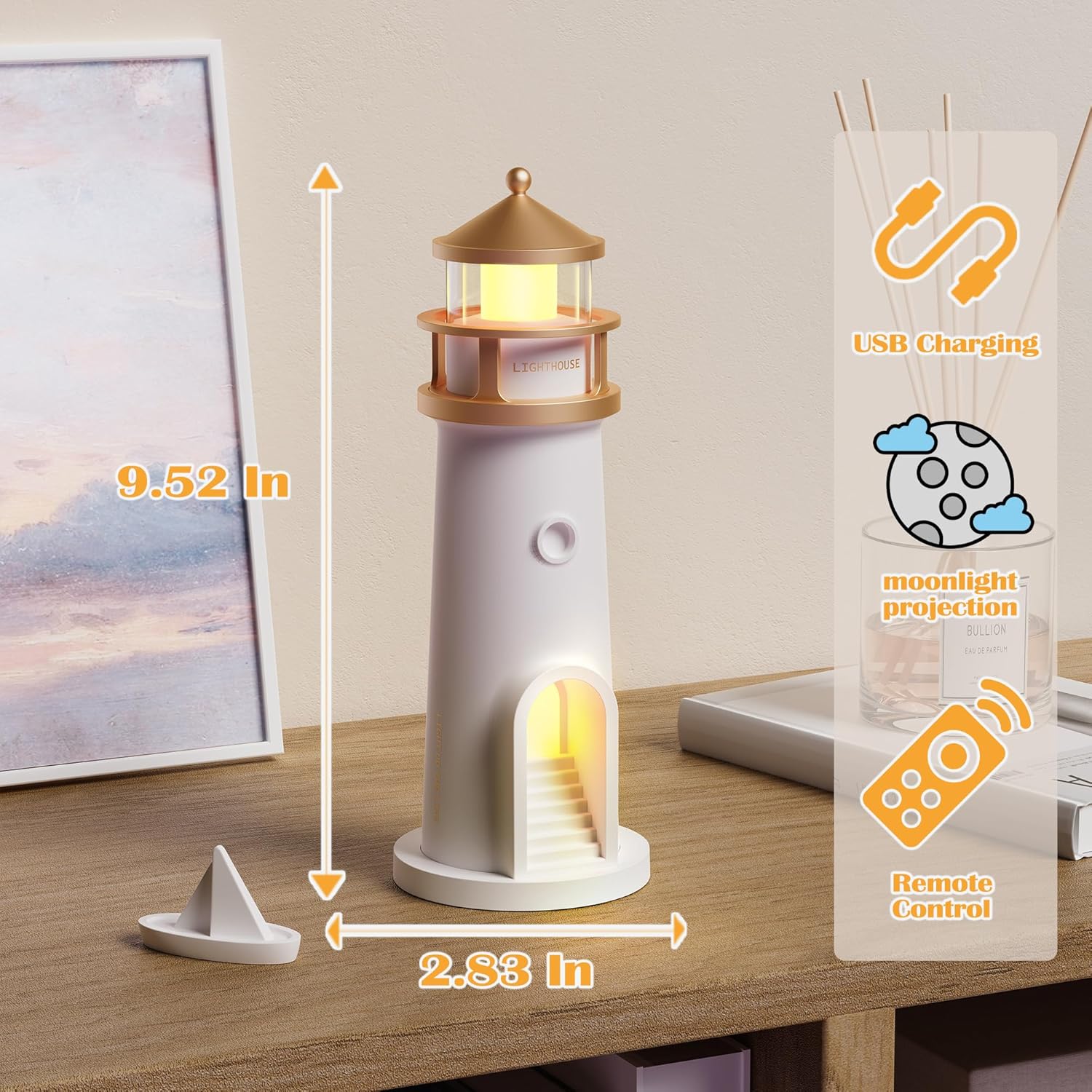 Moon Lamp Projector Night Lights, Moon Lighthouse Lamp, Remote Control Timer Dim Rechargeable LED Aesthetic Table Lamp for Kids, Children, Gifts, Bedroom, Nursery, Holiday(Remote Version)