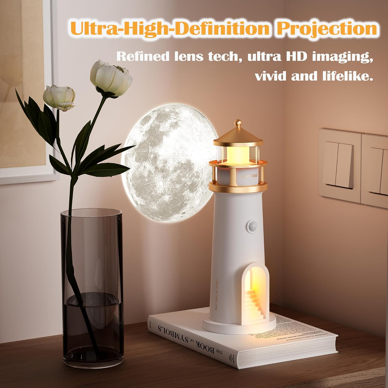 Moon Lamp Projector Night Lights, Moon Lighthouse Lamp, Remote Control Timer Dim Rechargeable LED Aesthetic Table Lamp for Kids, Children, Gifts, Bedroom, Nursery, Holiday(Remote Version)