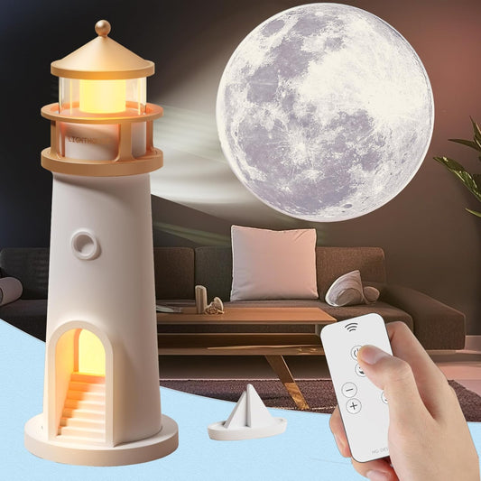 Moon Lamp Projector Night Lights, Moon Lighthouse Lamp, Remote Control Timer Dim Rechargeable LED Aesthetic Table Lamp for Kids, Children, Gifts, Bedroom, Nursery, Holiday(Remote Version)
