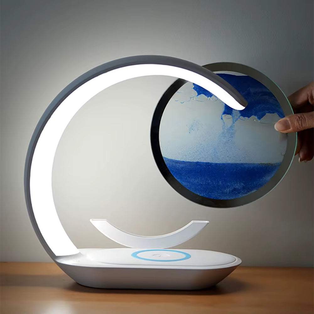 Quicksand Table Lamp Wireless Charging Desk Lamp 3D Hourglass Ornaments Sand Painting Night Light for Office Room Decoration