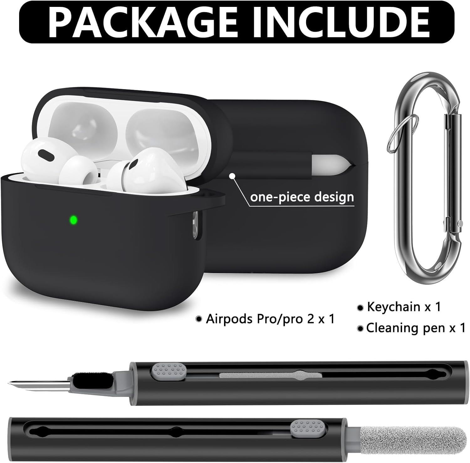 For Airpods Pro Case Cover with Cleaner Kit,Soft Silicone Protective Case for Apple Airpod Pro 2Nd/1St Generation Case for Women Men,Airpods Pro 2/Pro Case Accessories with Keychain-Black