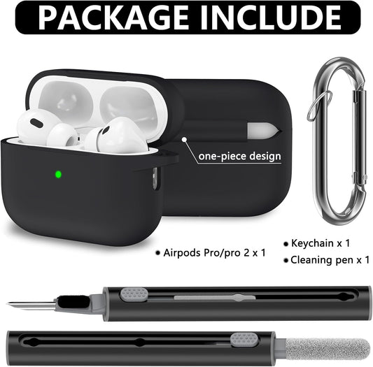 For Airpods Pro Case Cover with Cleaner Kit,Soft Silicone Protective Case for Apple Airpod Pro 2Nd/1St Generation Case for Women Men,Airpods Pro 2/Pro Case Accessories with Keychain-Black