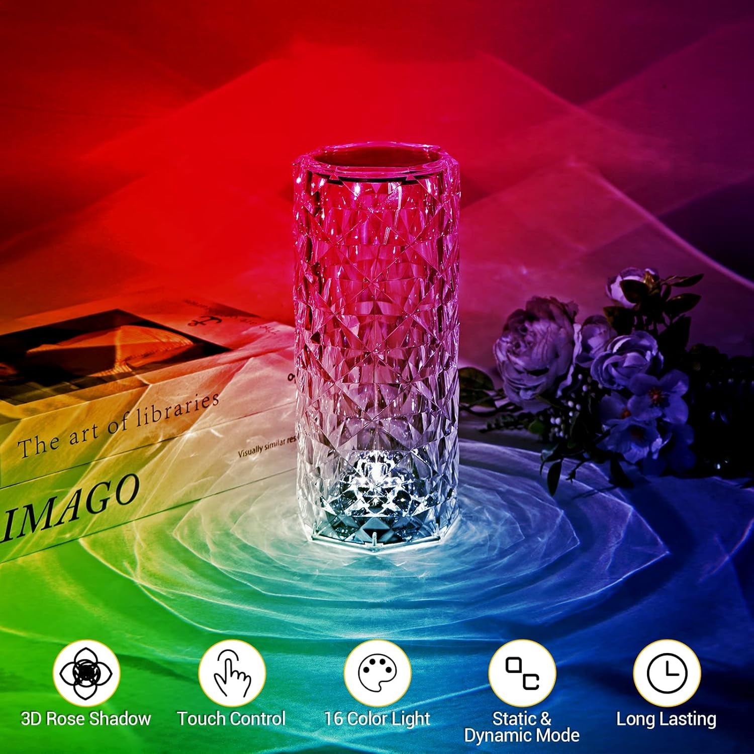 Rose Lamp, Touch Control, Crystaltable Lamp with 16 Colors,Rgb Night Light USB & Remote Control,Led Diamond Touch for Bedroom, Rechargeable Light, Birthday Gift
