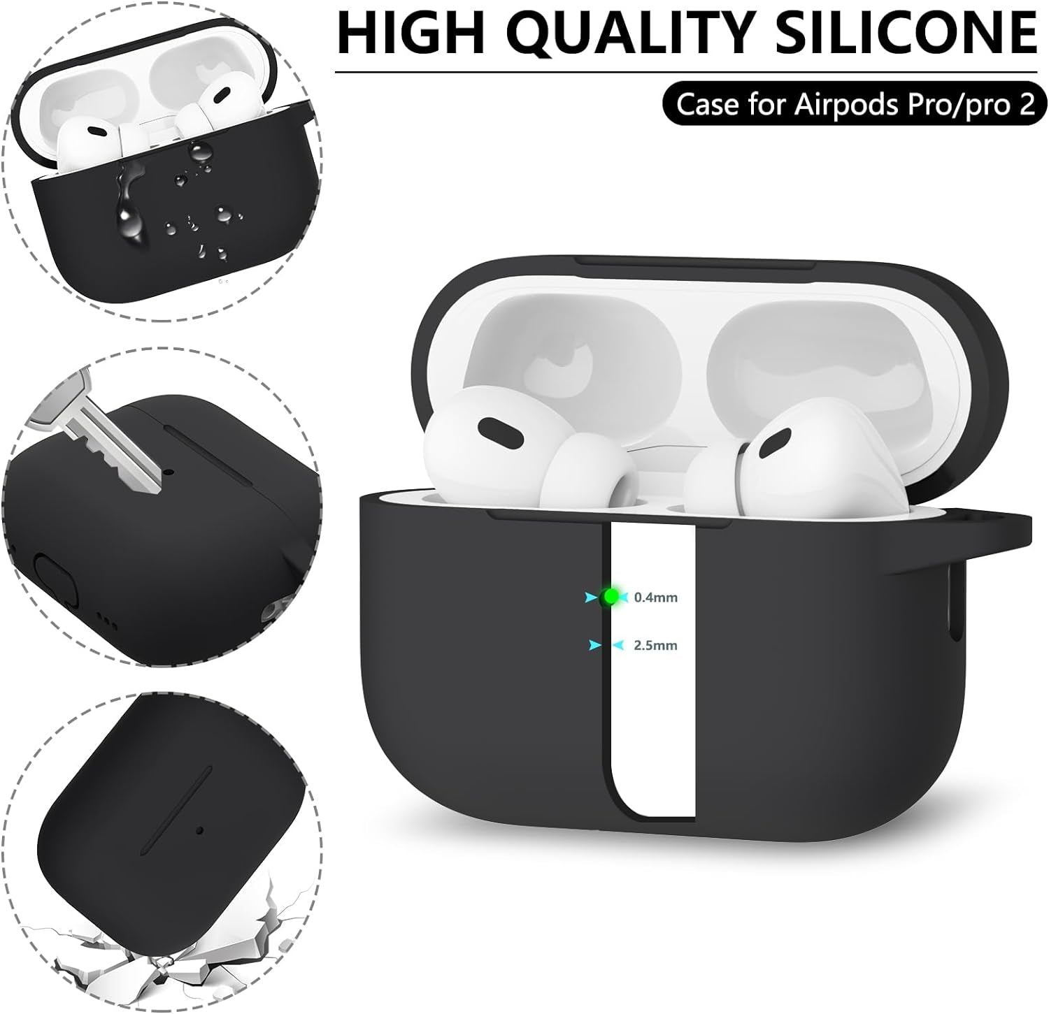For Airpods Pro Case Cover with Cleaner Kit,Soft Silicone Protective Case for Apple Airpod Pro 2Nd/1St Generation Case for Women Men,Airpods Pro 2/Pro Case Accessories with Keychain-Black