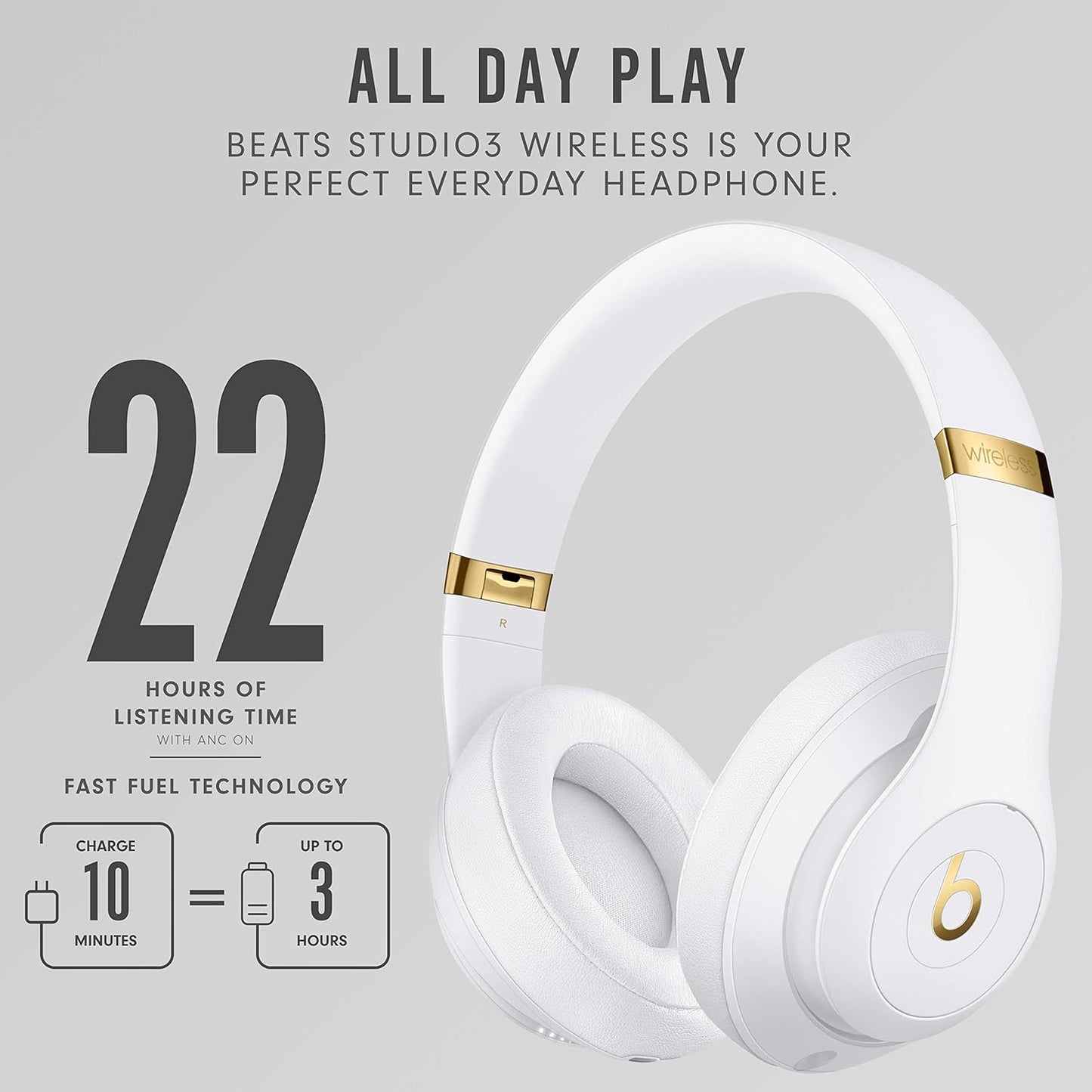Studio3 Wireless Noise Cancelling Over-Ear Headphones - Apple W1 Headphone Chip, Class 1 Bluetooth, 22 Hours of Listening Time, Built-In Microphone - White
