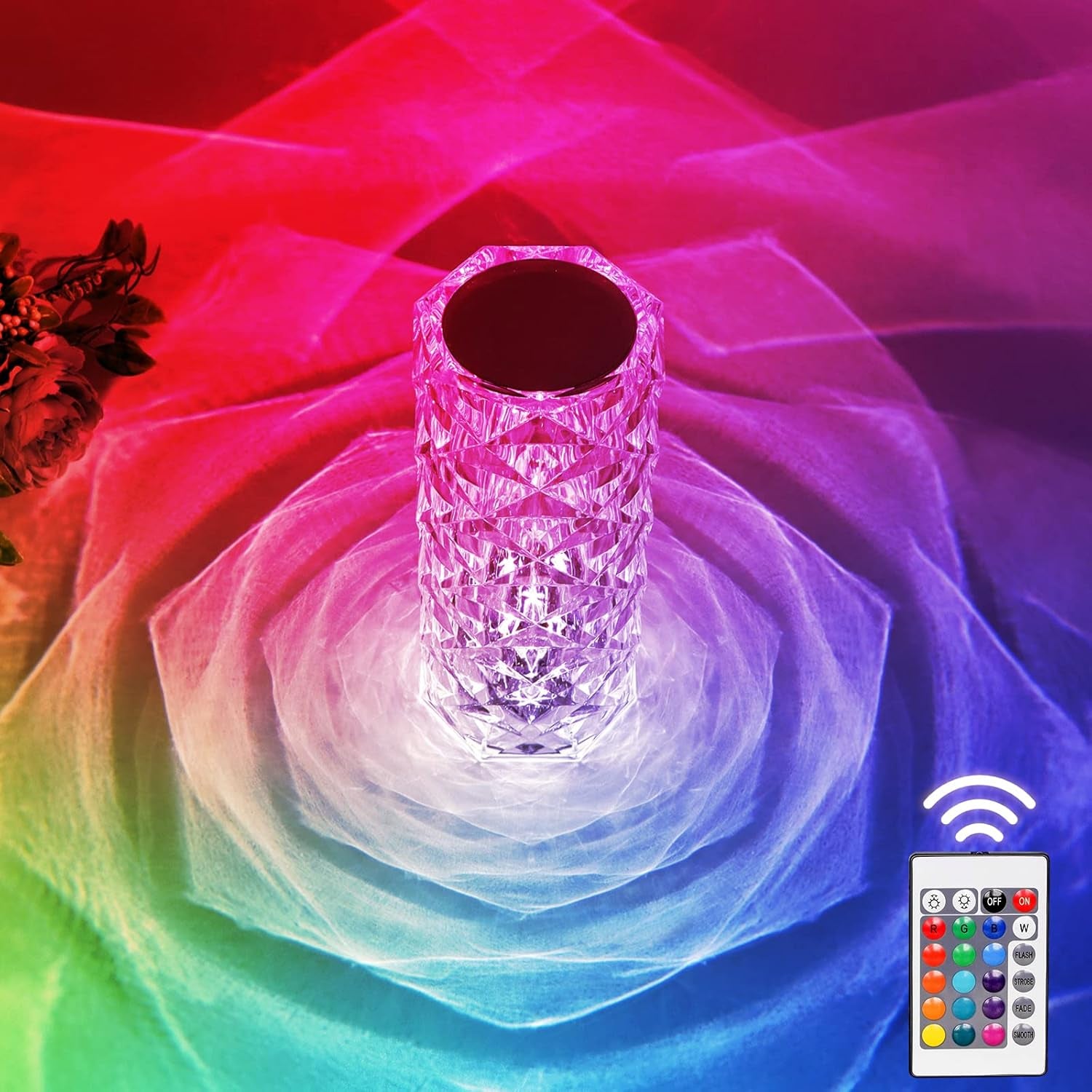 Rose Lamp, Touch Control, Crystaltable Lamp with 16 Colors,Rgb Night Light USB & Remote Control,Led Diamond Touch for Bedroom, Rechargeable Light, Birthday Gift