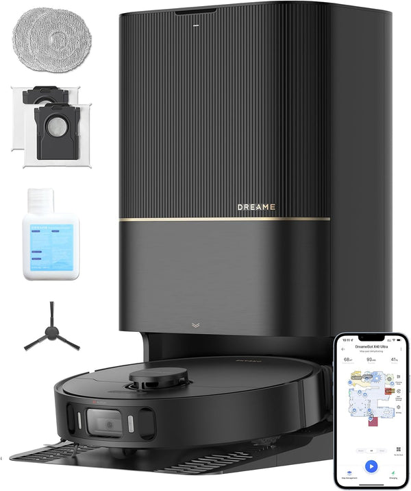 X40 Ultra Robot Vacuum with Detachable & Liftable Mop, Self-Emptying Robot Vacuum and Mop Combo with Side Brush, 12,000 Pa Suction, 158°F Self-Cleaning and Self-Drying Mop, Auto Water Filling