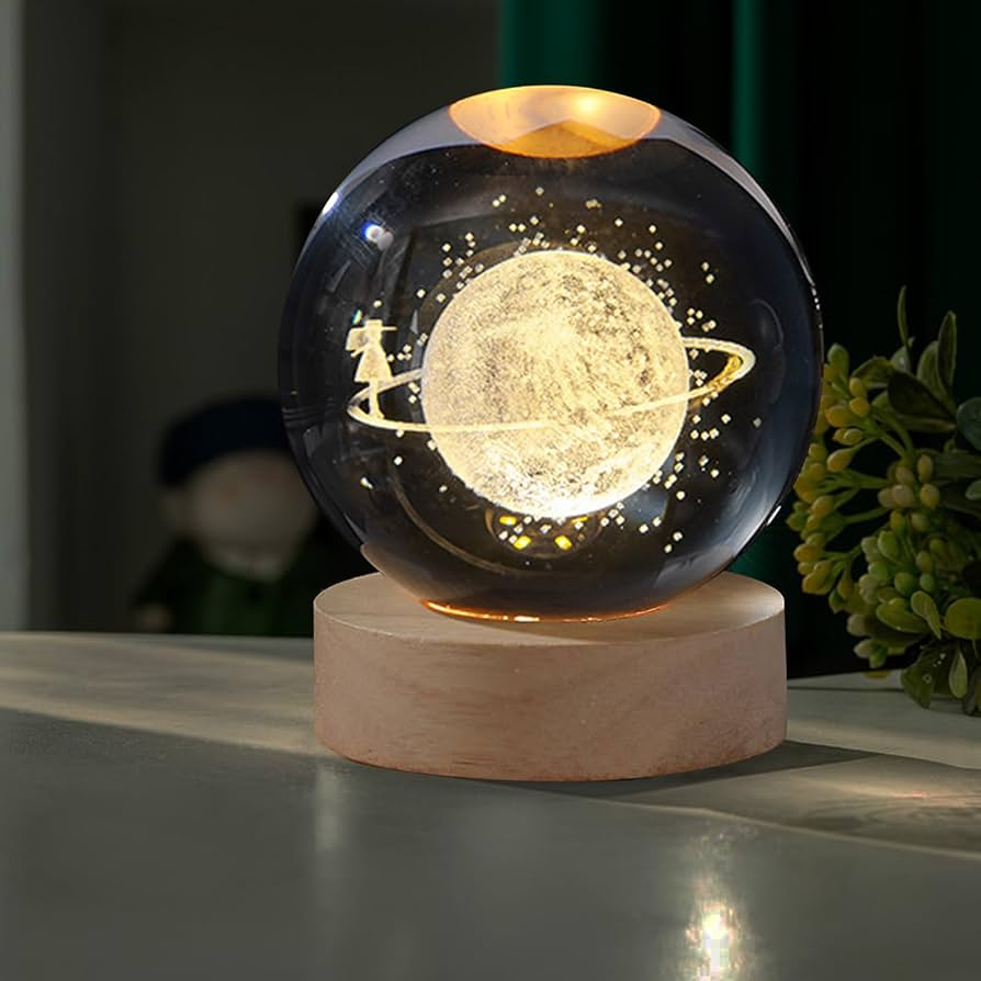 3D Solar System Crystal Ball Night Light for Kids Glass Ball Night Lamp with Wooden Base Fantasy Decoration Crsytal LED Galaxy Planet Nightlight Bedroom Decor 2.76In
