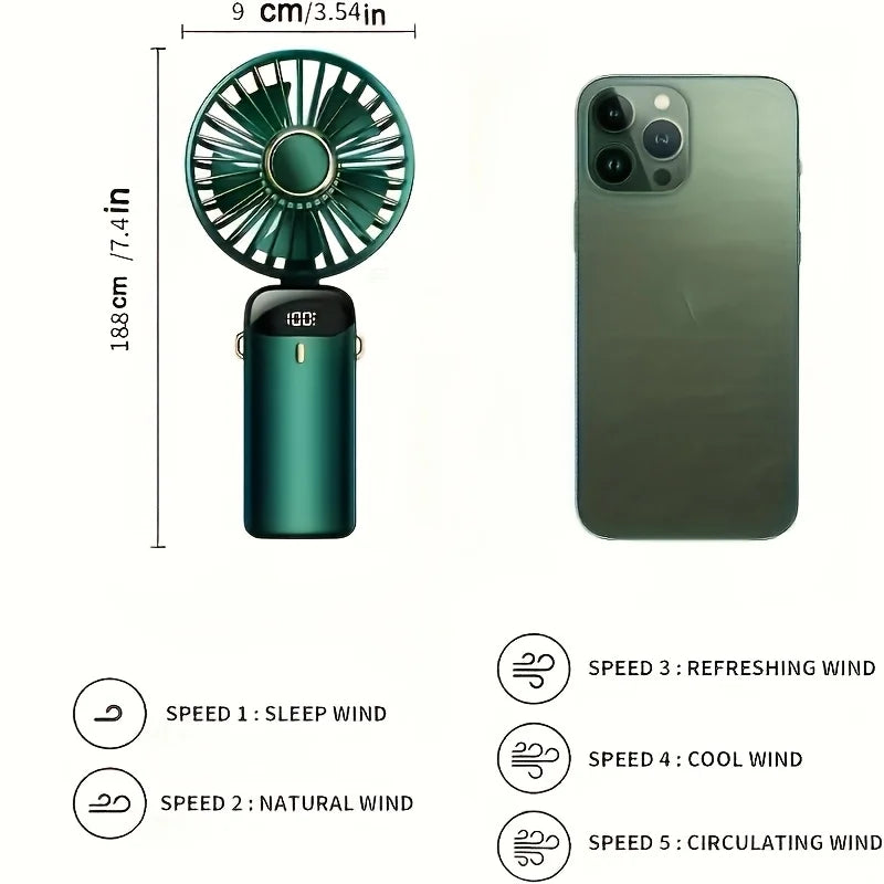 Portable Mini Fan with 6 Speeds LED USB Rechargeable Charging Small Foldable Battery Fans Handheld Desk Bedroom Indoor Outdoor