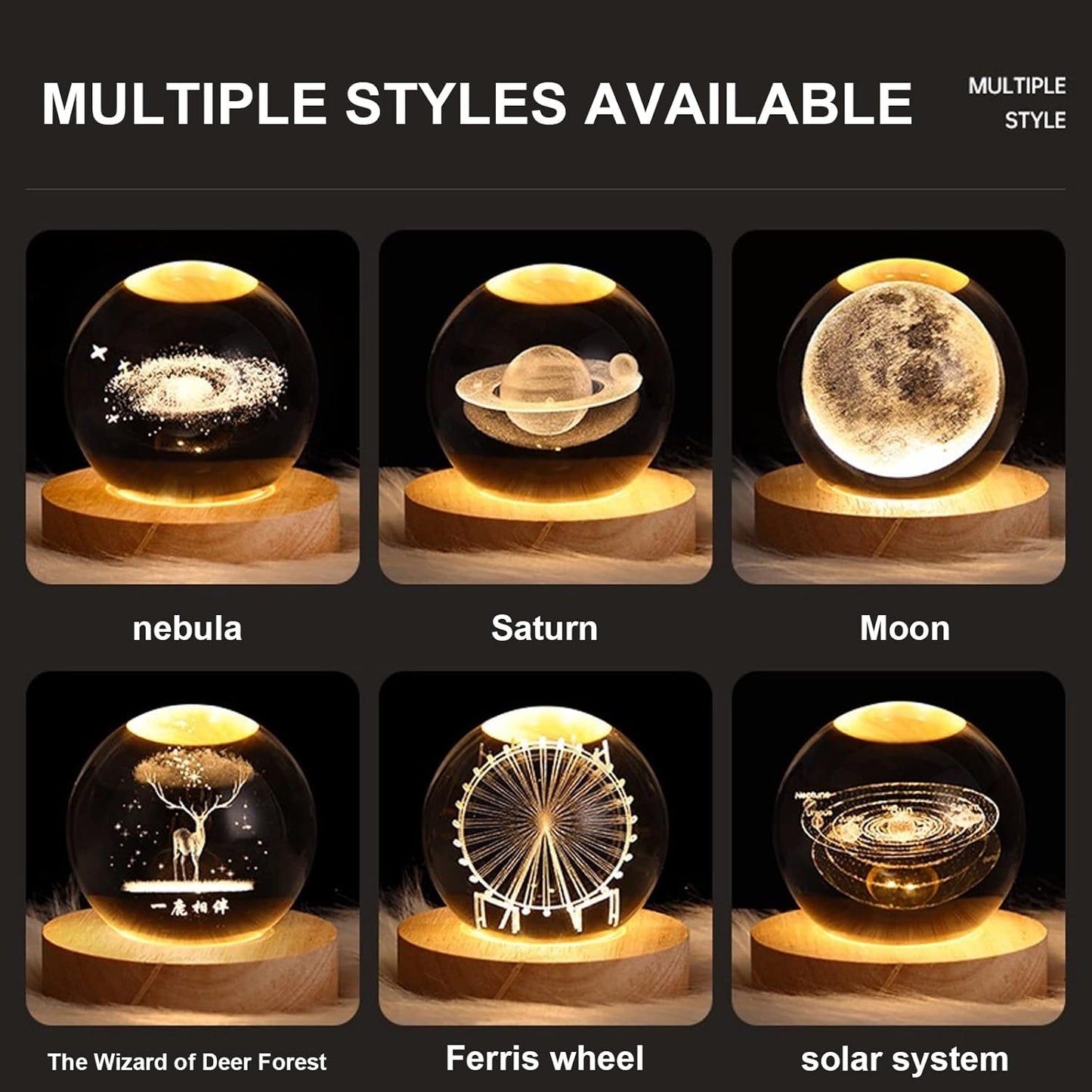 3D Solar System Crystal Ball Night Light for Kids Glass Ball Night Lamp with Wooden Base Fantasy Decoration Crsytal LED Galaxy Planet Nightlight Bedroom Decor 2.76In