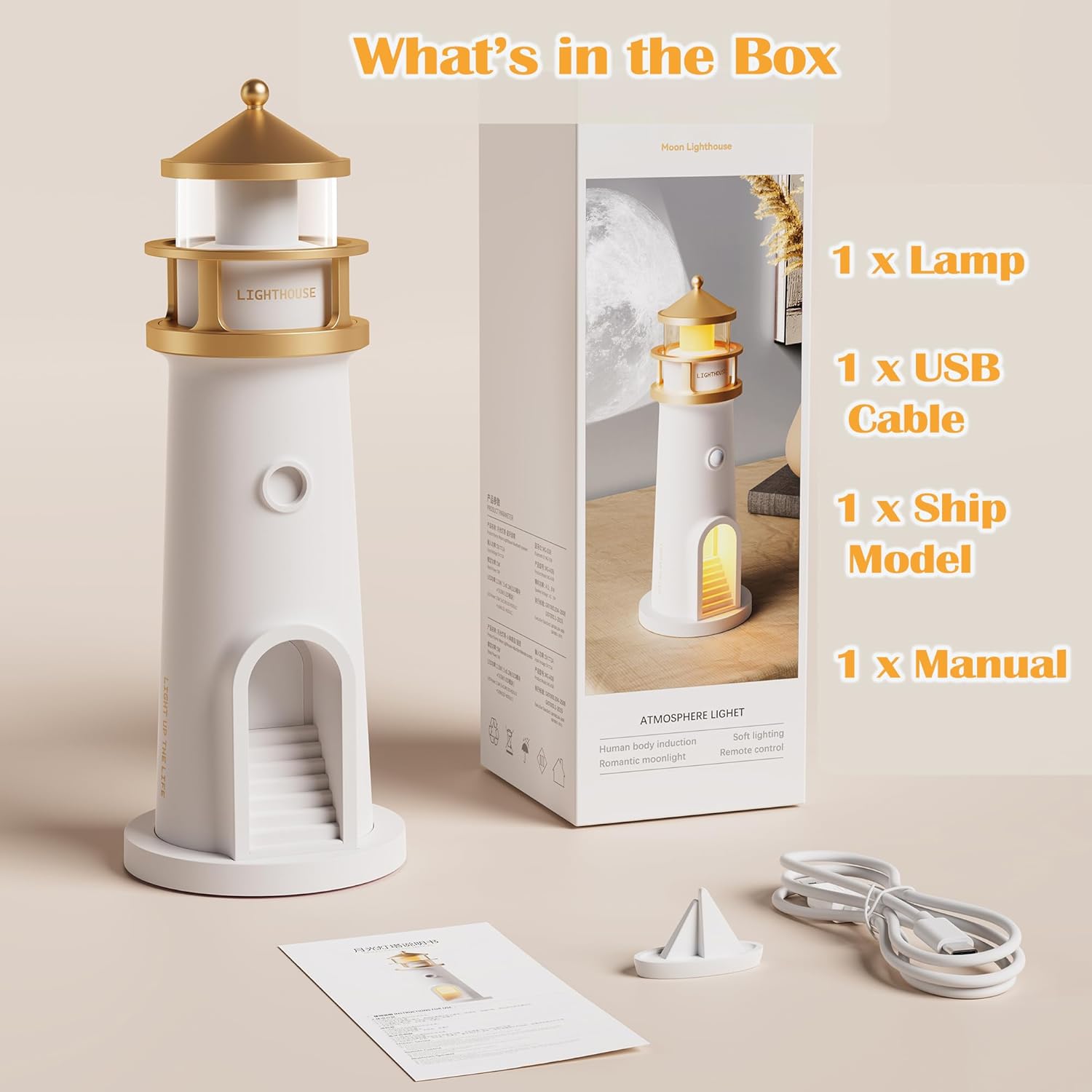 Moon Lamp Projector Night Lights, Moon Lighthouse Lamp, Remote Control Timer Dim Rechargeable LED Aesthetic Table Lamp for Kids, Children, Gifts, Bedroom, Nursery, Holiday(Remote Version)