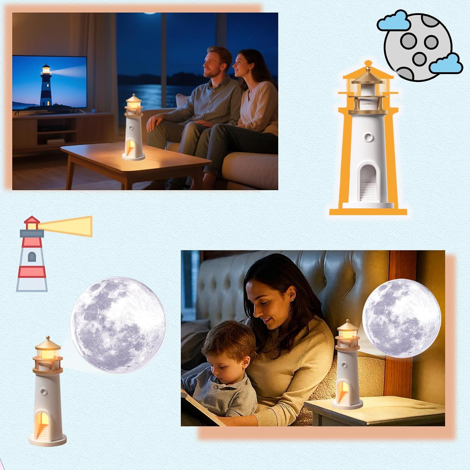 Moon Lamp Projector Night Lights, Moon Lighthouse Lamp, Remote Control Timer Dim Rechargeable LED Aesthetic Table Lamp for Kids, Children, Gifts, Bedroom, Nursery, Holiday(Remote Version)